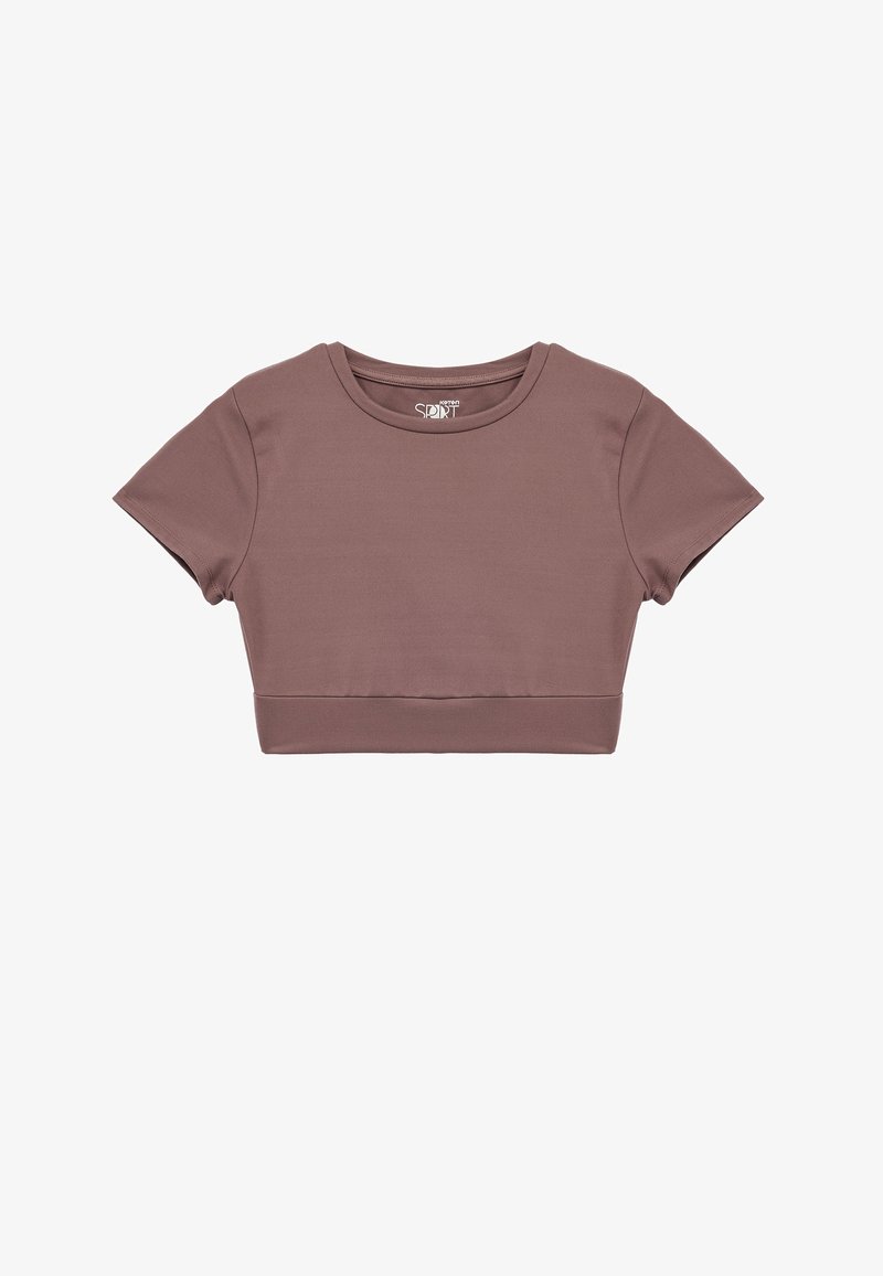 Kortærmet cropped top i mauve, lavet af glat stof. Har en rund halsudskæring og en tætsiddende talje. Simpelt design uden mønstre.