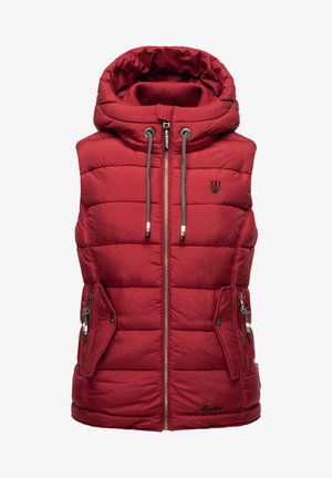 Piros pufi mellény kapucnival, steppelt dizájnnal, elöl cipzárral, két oldalsó zsebbel és húzózsinóros részletekkel. Az alján diszkrét logó található.