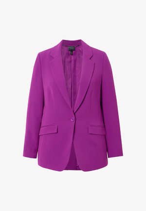 Lila Blazer aus glattem Stoff; mit Reverskragen, zwei frontalen Taschen, Ein-Knopf-Verschluss und einem gemusterten Futter.