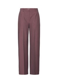 Pantaloni a gamba larga di un profondo colore borgogna, realizzati in un tessuto testurizzato. Presentano una vita sartoriale con pieghe frontali e senza tasche visibili.