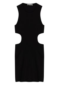 Robe mini noire sans manches avec encolure ronde et grandes découpes latérales symétriques à la taille.