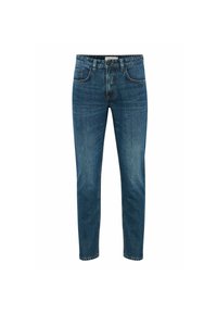 Jean im mittelblauen Waschung, mit einem schmalen, geraden Schnitt, Fünf-Taschen-Design und kontrastierenden Nähten entlang der Säume.