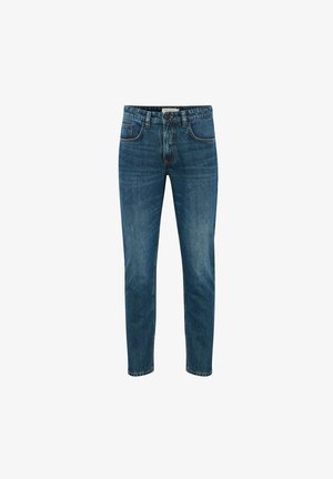Denim jeans in medium wash blue, featuring a slim straight cut, five-pocket design, and contrasting stitching along the seams.
