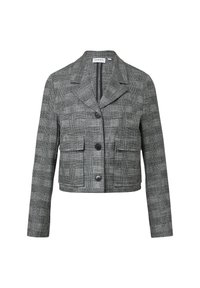 Veste courte à carreaux gris avec un col cranté, deux poches avant et des boutons noirs, dotée d'un tissu tissé texturé.