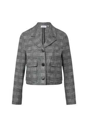 Veste courte à carreaux gris avec un col cranté, deux poches avant et des boutons noirs, dotée d'un tissu tissé texturé.