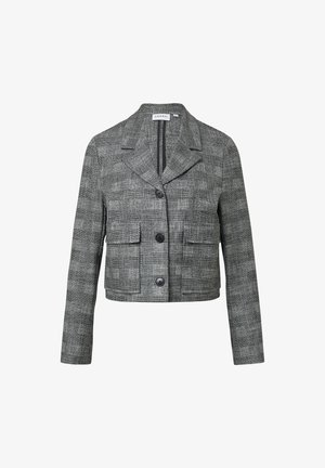 Graue karierte taillierte Jacke mit Reverskragen, zwei Fronttaschen und schwarzen Knöpfen, aus einem strukturierten gewebten Stoff.