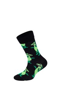 Sort sok med ribbet manchet, der har gentagne grønne dinosaurmønstre i forskellige legende poser.