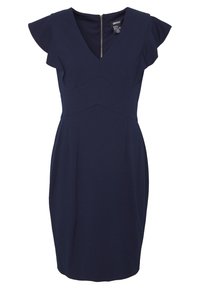 Robe bleu marine avec un décolleté en V, des manches évasées et une coupe ajustée. Présente une fermeture éclair au dos et des coutures horizontales à la taille.