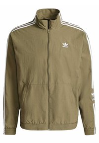 Olivgrön zip-up jacka i lätt material, med vita sidostrikar, ståkrage och framfickor.