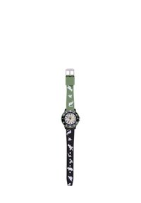 Kinderuhr mit grünem Silikonarmband und schwarzem Armband mit Dinosauriergrafiken, runder Ziffernblatt, und klaren Ziffern auf einem hellen Hintergrund.