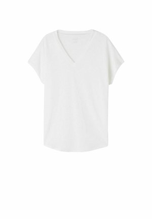 T-shirt blanc à col en V avec des manches courtes. Fabriqué en tissu doux, il présente une coupe décontractée et un ourlet arrondi. Design simple et minimaliste.