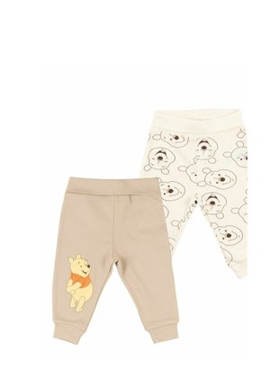 Due paia di leggings per bambini, uno beige con grafica di Winnie the Pooh, uno bianco con motivo ripetuto di facce di orso.
