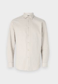 Beige stripete langermet skjorte med krage og knapper, med smale vekslende striper i et teksturert stoff.