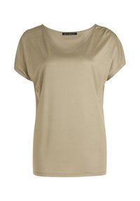 Haut beige à manches courtes avec un décolleté en forme de cercle, fabriqué à partir d'un tissu lisse. Présente une coupe légèrement décontractée et un ourlet épuré pour un design simple.