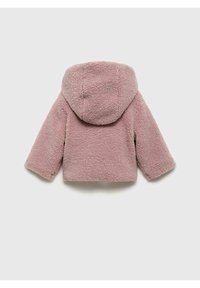 Rosa, fluffig, huvad jacka gjord av texturerat tyg, med avslappnad passform och långa ärmar, utan sömmar och inga synliga knäppningar.