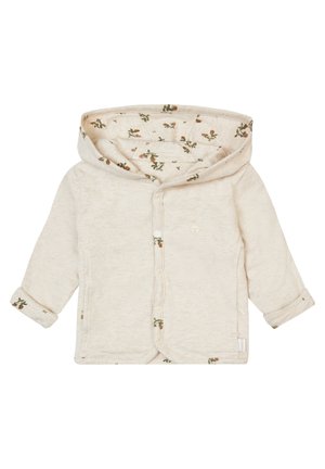 Kremowa bluza niemowlęca z kapturem, z kwiatowym wzorem wewnątrz kaptura i mankietów, z zatrzaskami z przodu i długimi rękawami.