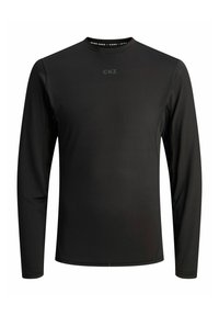 Langärmliges Shirt in Schwarz, aus glattem, dehnbarem Stoff gefertigt. Verfügt über einen Rundhalsausschnitt und dezente Markenkennzeichnung auf der Brust und am Kragen.