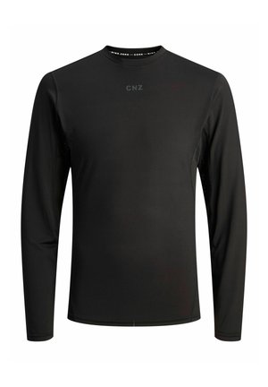 Long-sleeve shirt in black, made from smooth, stretchable fabric. Features a crew neckline and subtle branding at the chest and collar.