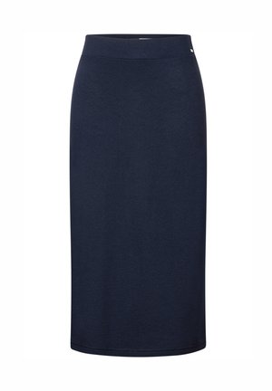 Marineblauwe, knielange rok van zachte, rekbare stof. Heeft een soepele tailleband en een eenvoudig design zonder patronen of versieringen.