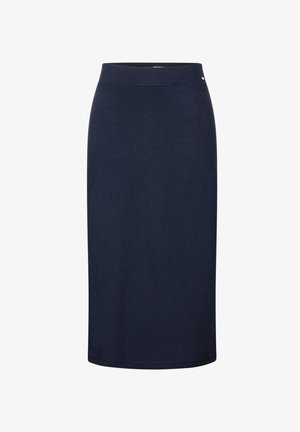 Marineblauer, knielanger Rock aus weichem, dehnbarem Stoff. Verfügt über einen glatten Bund und ein einfaches Design ohne Muster oder Verzierungen.