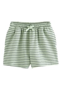Shorts en coton vert clair avec des rayures horizontales navy, une taille élastique avec cordon de serrage et des poches latérales.
