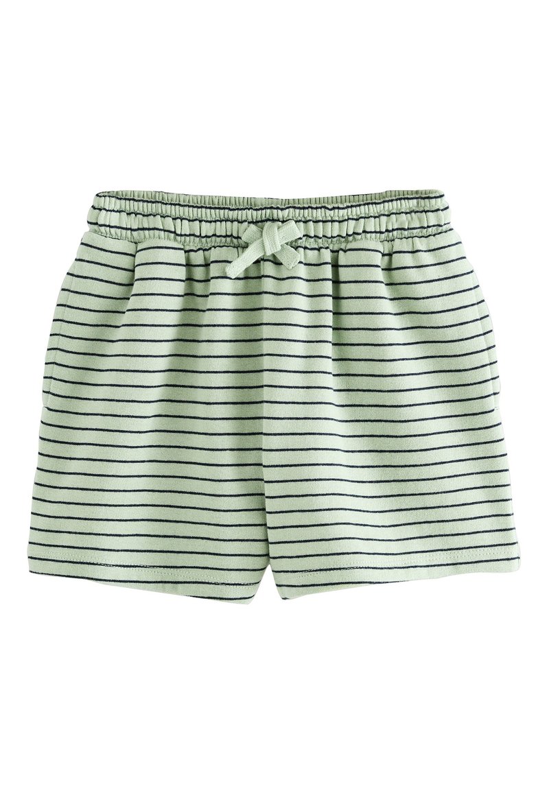 Shorts en coton vert clair avec des rayures horizontales navy, une taille élastique avec cordon de serrage et des poches latérales.