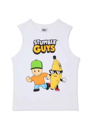 Canotta bianca senza maniche con una grafica colorata raffigurante un personaggio e una banana, con il testo "STUMBLE GUYS" in grassetto nero e giallo.