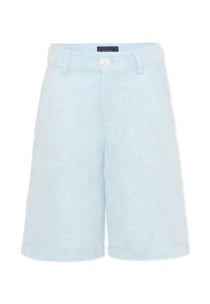 Pantaloncini di lino celeste, lunghezza fino al ginocchio, con passanti per cintura, chiusura con bottoni e patta frontale.