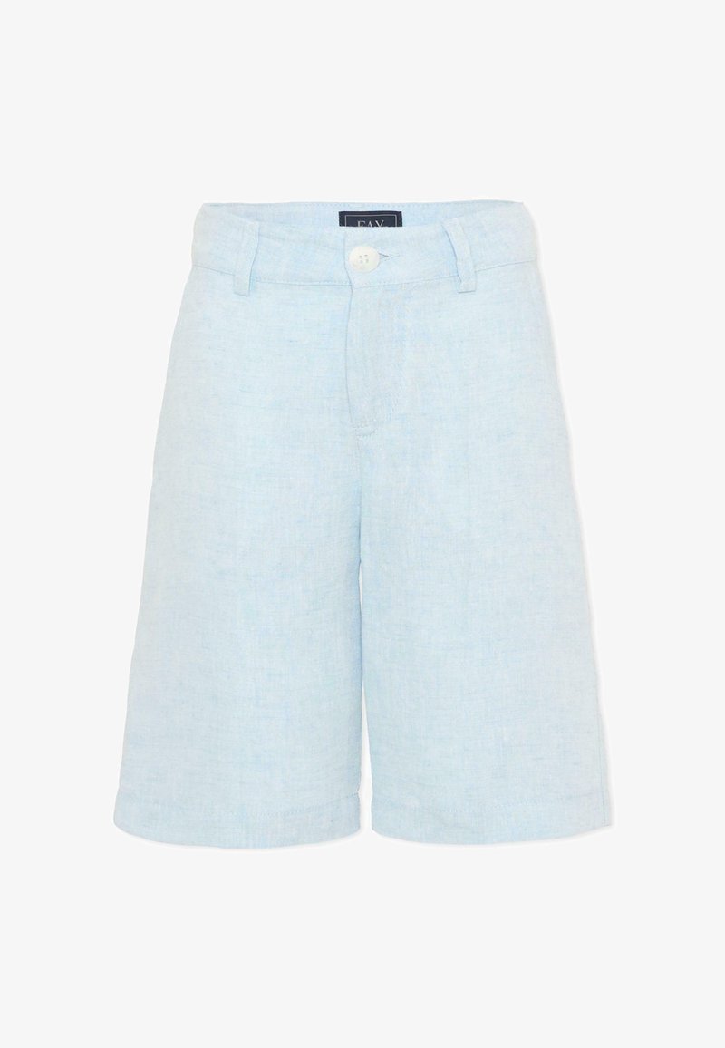 Shorts en lin bleu clair, longueur genou, avec passants pour ceinture, fermeture par bouton et braguette à l'avant.