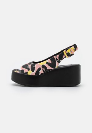 Platåsandaletter med slingback, sort bund, farverig leopardmønster på overdelen, peep toe og justerbar ankelrem.