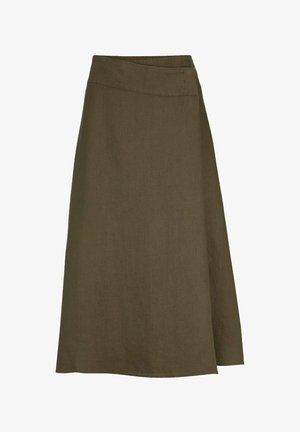 Olijfgroene knie-lange A-lijn rok met een hoge tailleband en subtiele naaddetails aan de voorkant links.