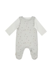 Helles graues Baumwoll-Overall mit langen weißen Ärmeln. Verfügt über einen floralen Druck in Rosa, mit Druckknöpfen und Fußdesign. Weiche Textur.