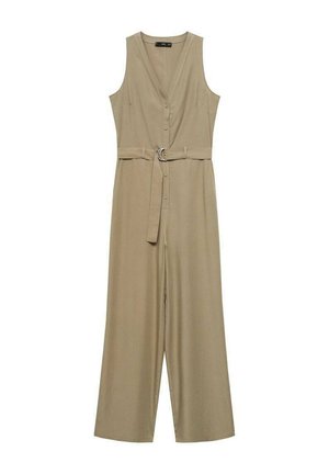 Beige ærmeløs jumpsuit med V-udskæring, knaplukning foran, et stofbælte og brede ben. Blød tekstur med en glat finish. Sølvfarvet hardware detalje.