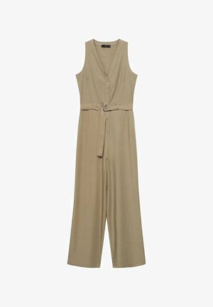 Beige sleeveless jumpsuit with V-neck, button front, a fabric belt, and wide legs. Soft texture with a smooth finish. Silver hardware accent.