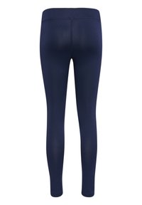Granatowe legginsy wykonane z elastycznej tkaniny o gładkiej fakturze, z wysokim stanem i dopasowanymi nogawkami o pełnej długości.