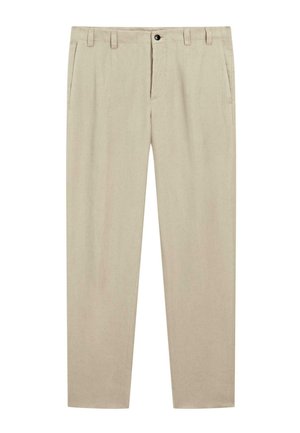 Pantaloni in lino beige con taglio dritto, dotati di vita piatta, due tasche laterali e una chiusura frontale con un solo bottone.