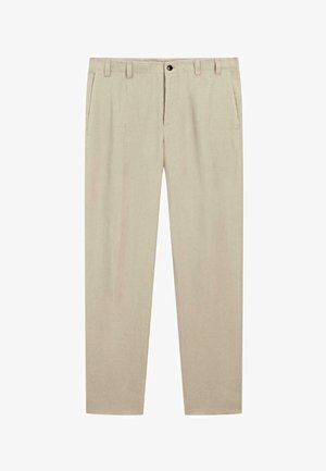 Pantaloni in lino beige con taglio dritto, dotati di vita piatta, due tasche laterali e una chiusura frontale con un solo bottone.