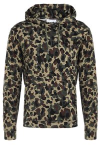 Felpa con cappuccio a motivo mimetico in tonalità beige, verde e marrone; presenta un cappuccio con coulisse e una tasca a marsupio frontale. Maniche lunghe con polsini a costine.