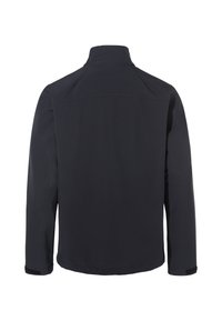 Zwarte softshelljas met lange mouwen, hoge kraag, rechte zoom en verstelbare klittenbandmanchetten, van achteren getoond tegen een witte achtergrond.