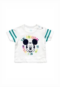 Hvid baby T-shirt med teal striber på ærmerne, som viser en farverig tekst "The Original Mickey Mouse 1928" og et ansigt af Mickey Mouse i midten.