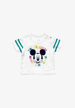 Wit baby T-shirt met teal gestreepte mouwen, met in het midden een kleurrijke tekst "The Original Mickey Mouse 1928" en het gezicht van Mickey Mouse.