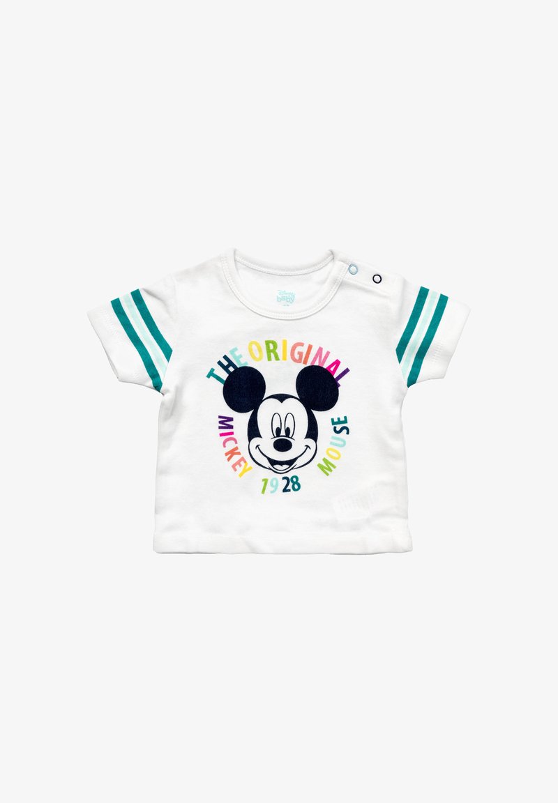 Hvid baby T-shirt med teal striber på ærmerne, som viser en farverig tekst "The Original Mickey Mouse 1928" og et ansigt af Mickey Mouse i midten.