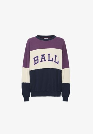 Felpa a blocchi di colore in viola, crema e blu navy con scollatura rotonda. Presenta polsini a costine e una grafica audace "BALL" sul davanti.