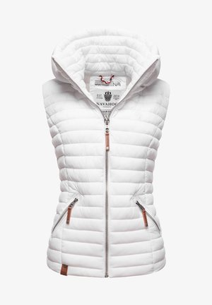 White padded sleeveless vest with large hood, front zipper, two zippered pockets, and brand label inside collar.