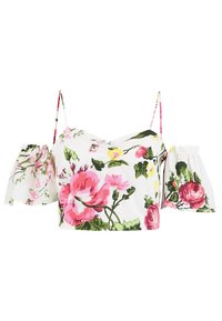 Vit croppad topp med rosa, gula och gröna blommönster, tunna axelremmar och separata elastiska avtagbara puffärmar.