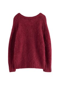 Bordeaux strikket sweater med bred rund hals, lange ærmer og et blødt, struktureret stof med en løs pasform.