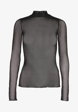 Black long-sleeve top made of sheer fabric with a mock neck. Features fitted design and subtle hem detailing at the cuffs and bottom edge.