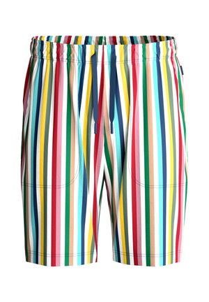 Shorts à rayures verticales multicolores avec taille élastique et cordon de serrage bleu marine, dotés de poches plaquées avant.