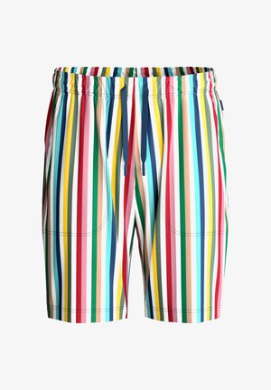 Shorts à rayures verticales multicolores avec taille élastique et cordon de serrage bleu marine, dotés de poches plaquées avant.