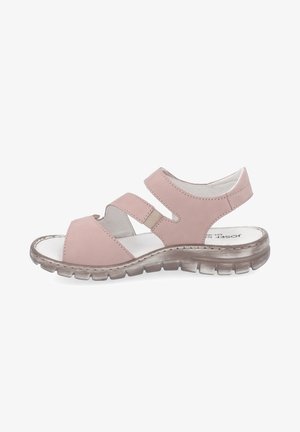 Sandalo in pelle rosa con punta aperta, due cinturini regolabili e suola imbottita con fondo in gomma testurizzata per una presa migliore.